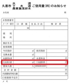 検針時に発行している「久喜市水道・下水道・農業集落排水ご使用量（料）のお知らせ（検針票）」の一部